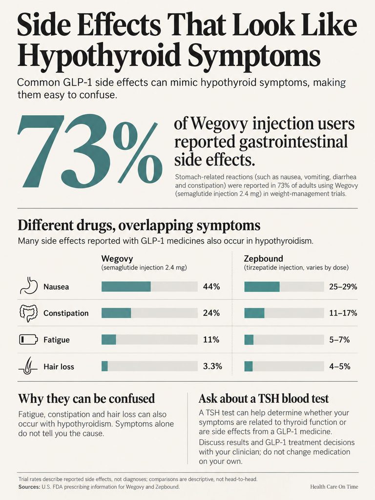 Infographic showing side effects of Wegovy and Zebbound mimicking hypothyroid symptoms with statistics and comparisons.