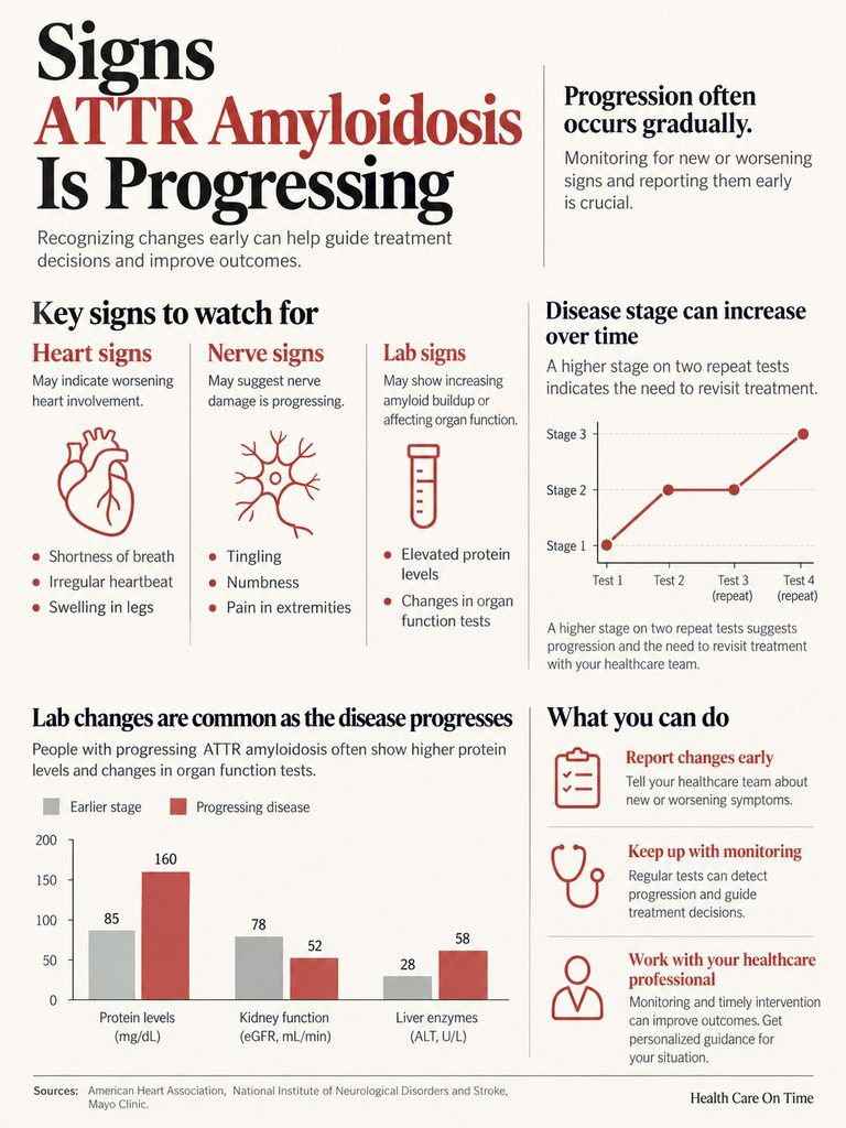 Infographic showing signs of progressing ATTR amyloidosis, including heart, nerve, and lab signs with graphs and advice.