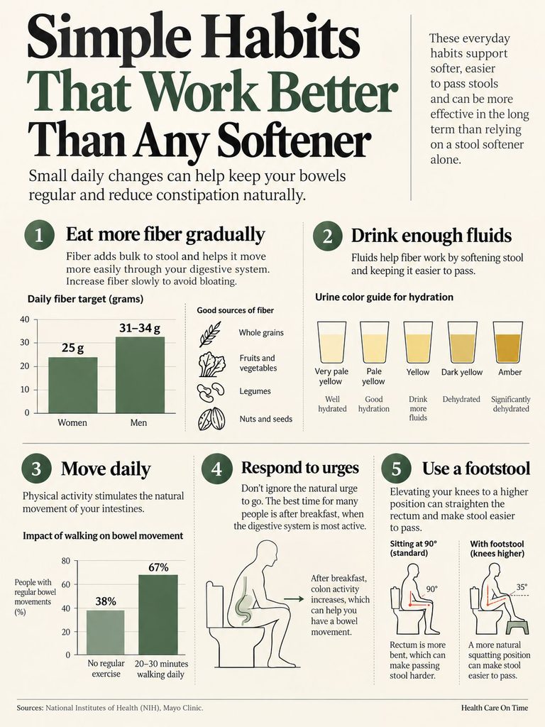 Infographic showing habits for bowel regularity, including fiber intake, hydration, exercise, and footstool use.
