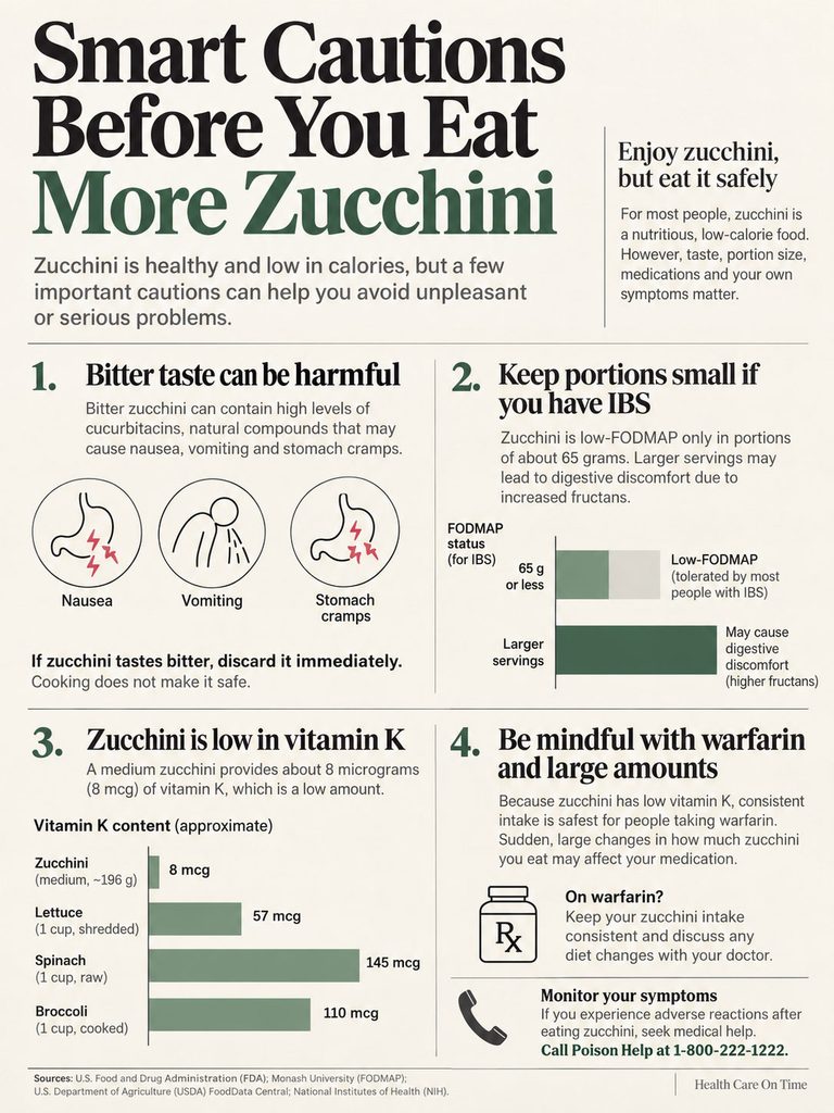 Infographic detailing cautions for eating zucchini, including health risks and vitamin K content.