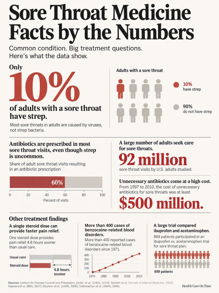 Infographic showing sore throat statistics, including 10% with strep, antibiotic prescriptions, and treatment findings.