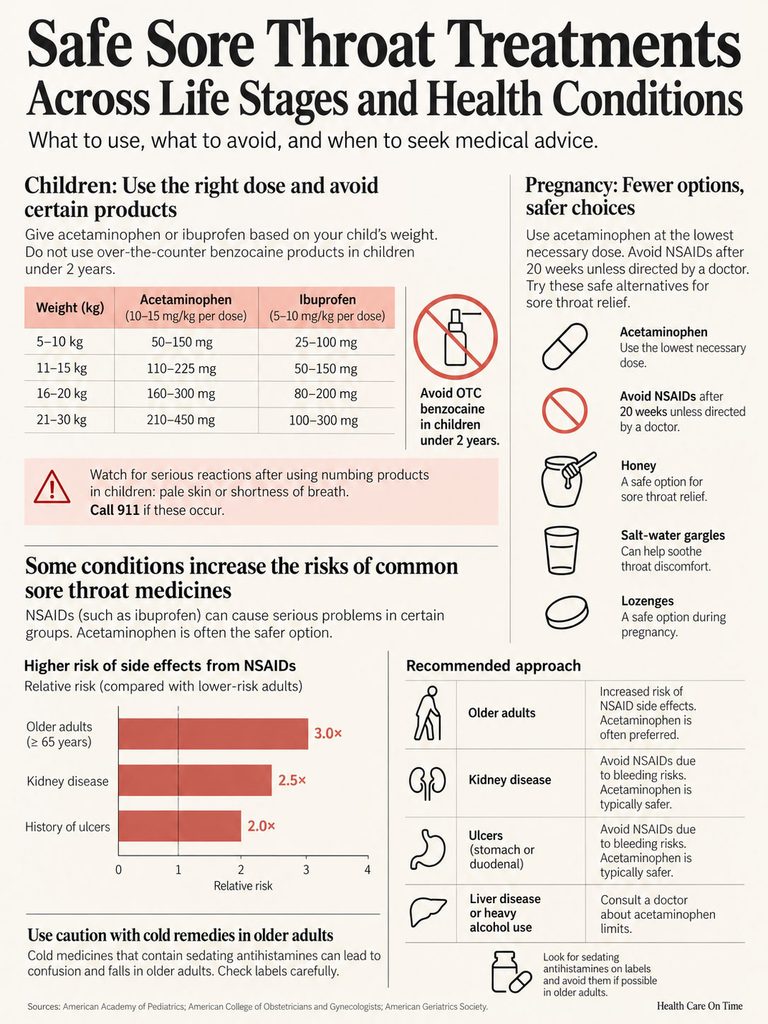 Infographic showing safe sore throat treatments for children, pregnant women, and older adults with dosage guidelines and risks.