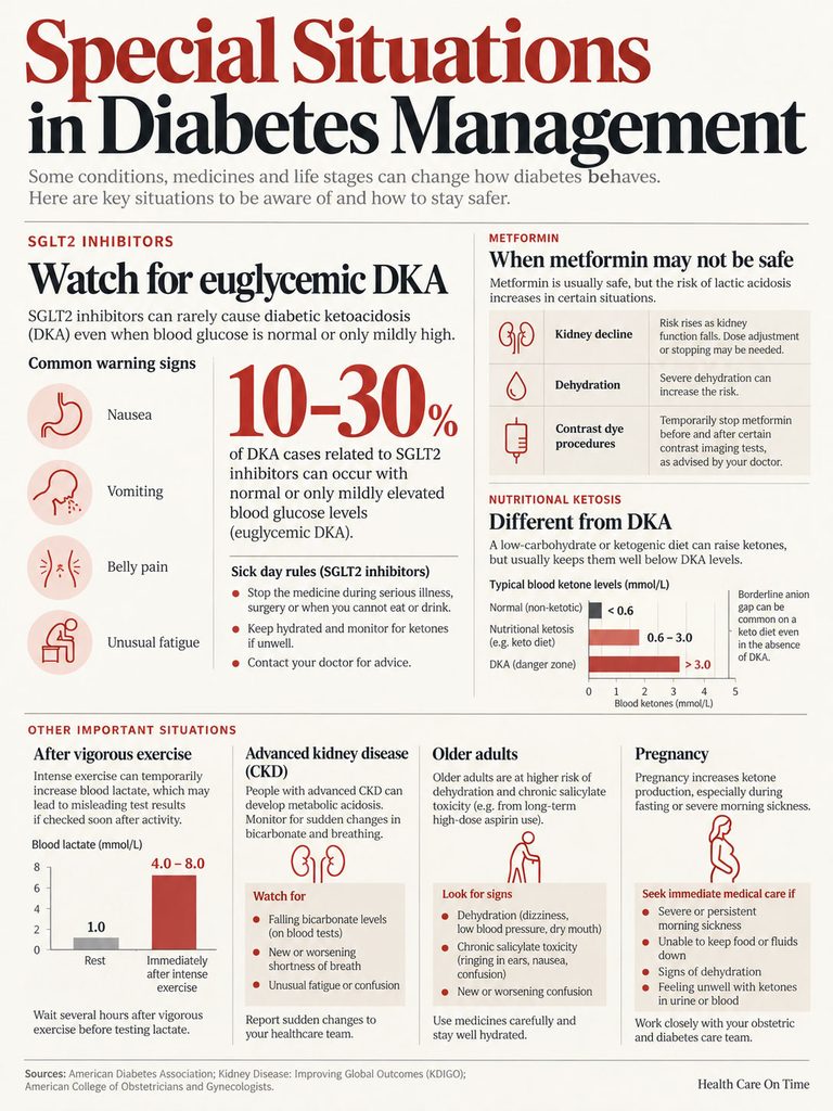 Infographic on diabetes management highlighting SGLT2 inhibitors, metformin, and other important situations.