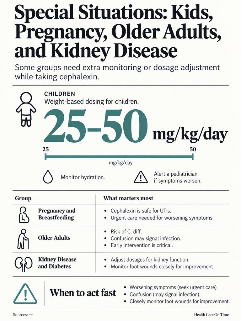 Infographic on cephalexin dosing for children and special considerations for pregnancy, older adults, and kidney disease.