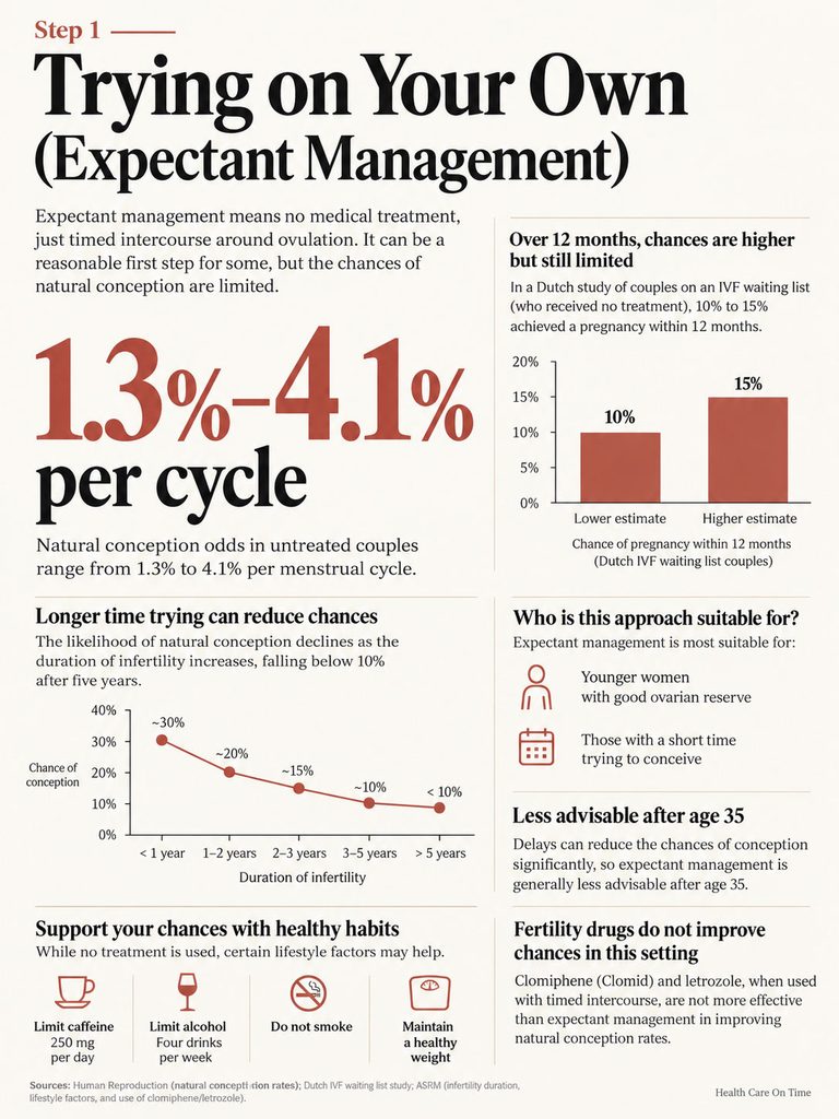 Infographic showing natural conception rates, lifestyle tips, and fertility statistics for expectant management.