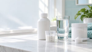 A white bottle, measuring cup, glass of water, and jar of powder on a marble countertop with a plant in the background.