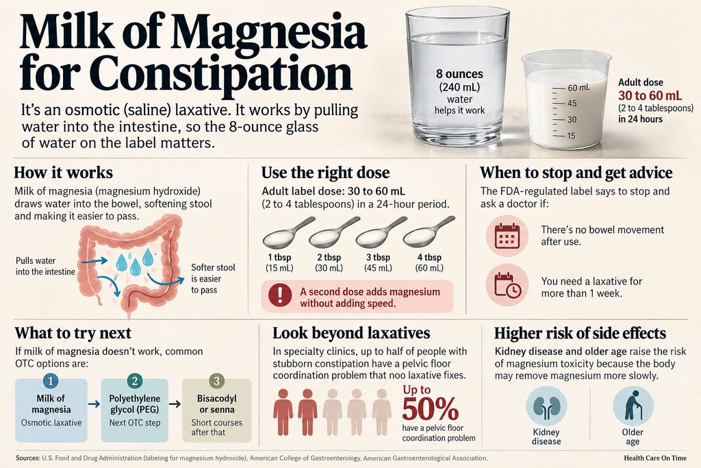 Infographic explaining milk of magnesia for constipation, dosage, and advice on use and side effects.