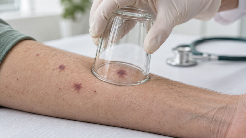 A gloved hand places a glass cup on a patient's arm with bruises during a medical treatment session.