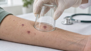 A gloved hand places a glass cup on a patient's arm with bruises during a medical treatment session.