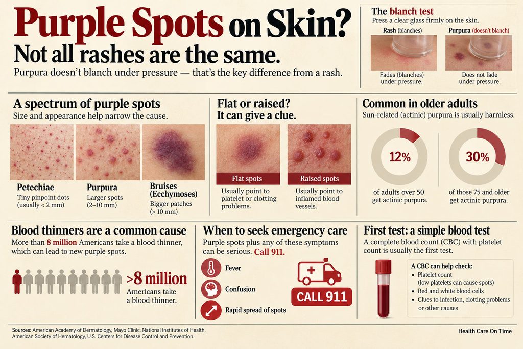 Infographic explaining purple spots on skin, including types, causes, and when to seek emergency care.