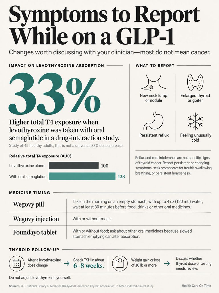 Infographic showing symptoms to report while on GLP-1, including data on levothyroxine absorption and medication timing.