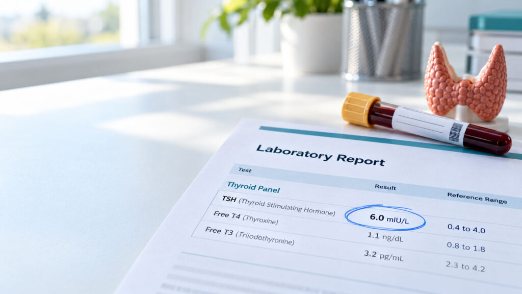 A thyroid laboratory report shows TSH level of 6.0 mlU/L with a blood sample and thyroid model in the background.