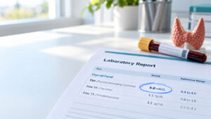 A thyroid laboratory report shows TSH level of 6.0 mlU/L with a blood sample and thyroid model in the background.
