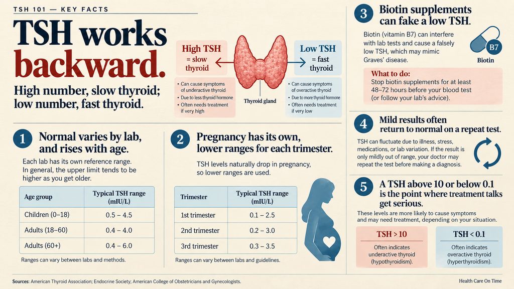 Infographic explaining TSH levels, thyroid function, and pregnancy ranges with charts and illustrations.