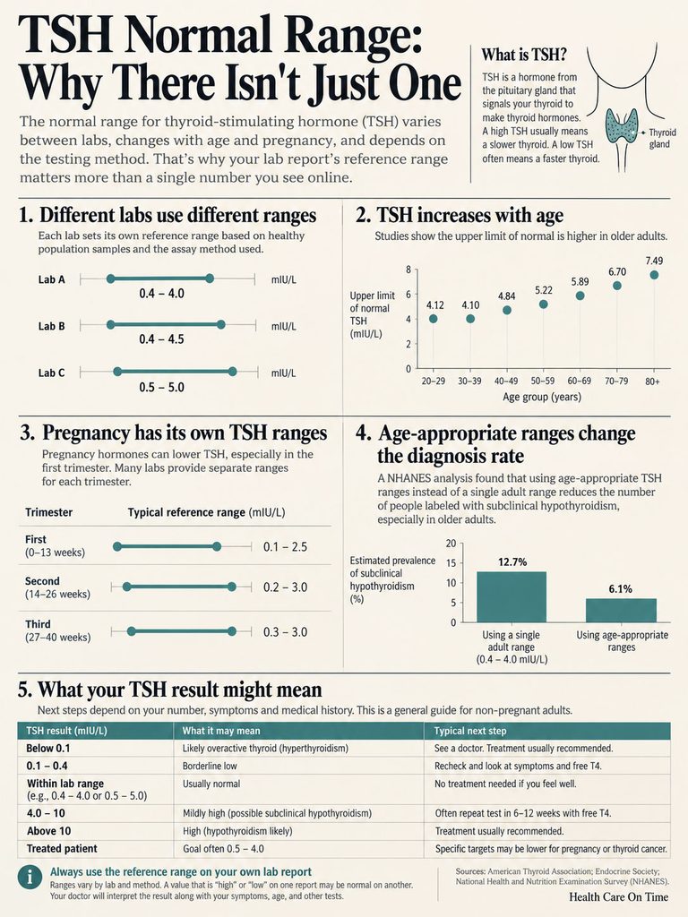 Infographic explaining TSH normal ranges, including lab variations, age effects, and pregnancy ranges with charts.
