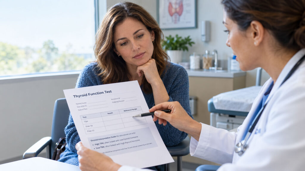 A doctor explains a thyroid function test to a patient in a medical office.
