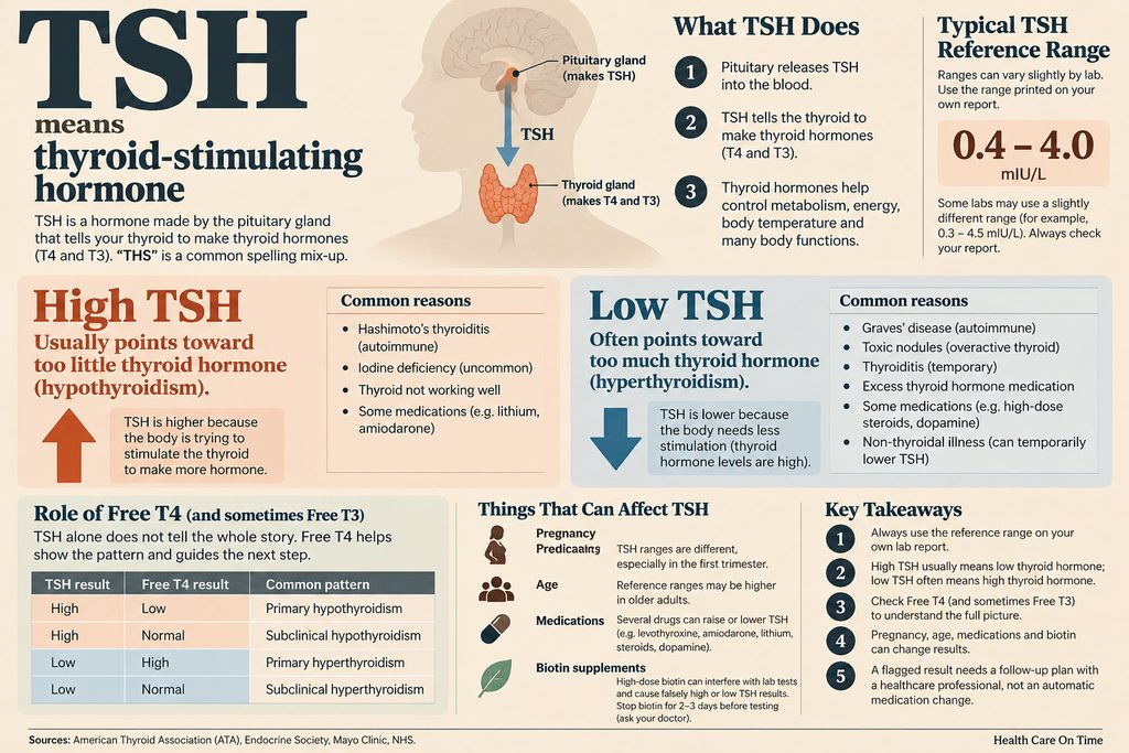 Infographic explaining TSH, its role, high/low levels, common reasons, and key takeaways about thyroid health.
