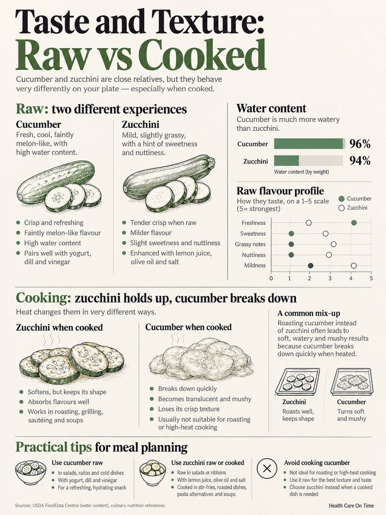 Infographic comparing raw and cooked cucumber and zucchini with water content, flavor profiles, and cooking tips.