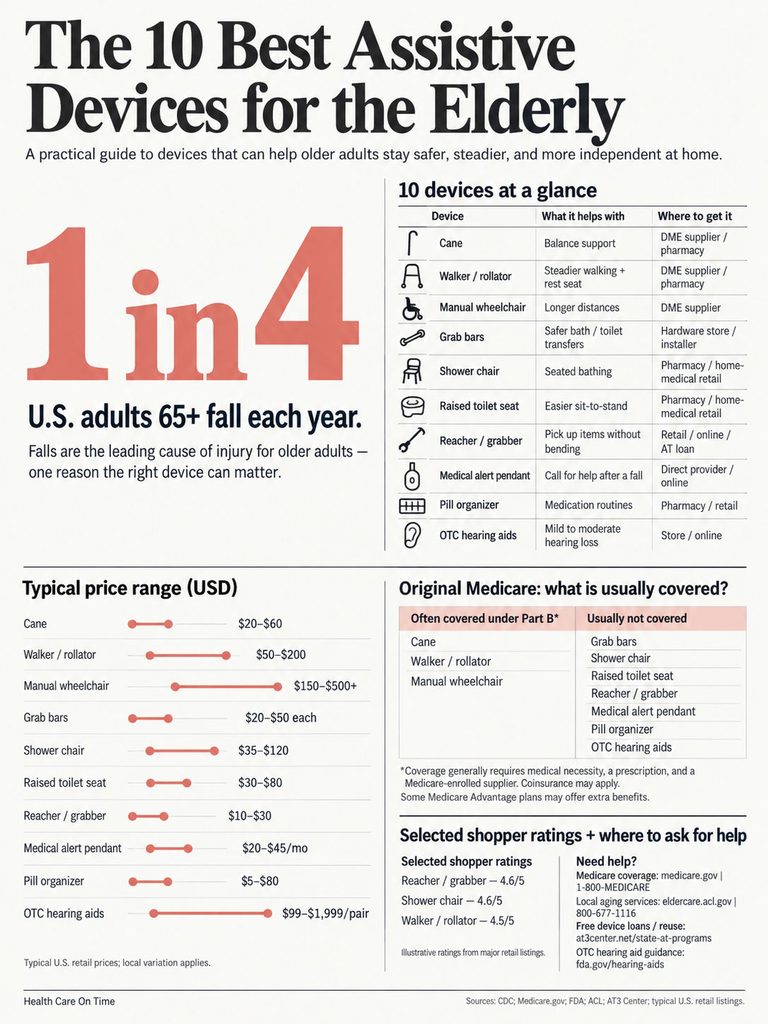 Infographic showing 10 best assistive devices for the elderly, including prices and coverage details.