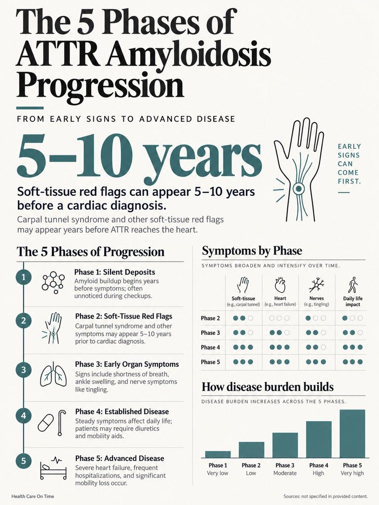 Infographic showing the 5 phases of ATTR amyloidosis progression with symptoms and disease burden data.