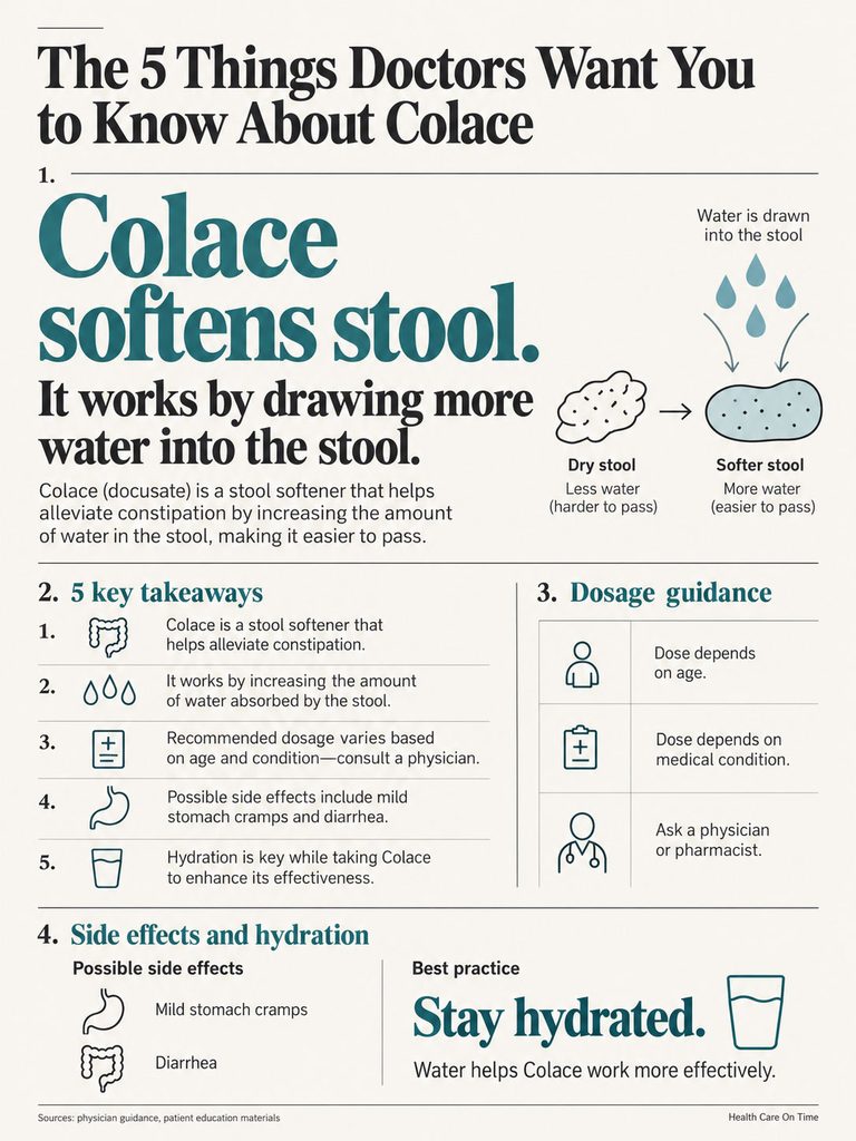 Infographic explaining Colace's function, dosage guidance, side effects, and hydration tips for constipation relief.