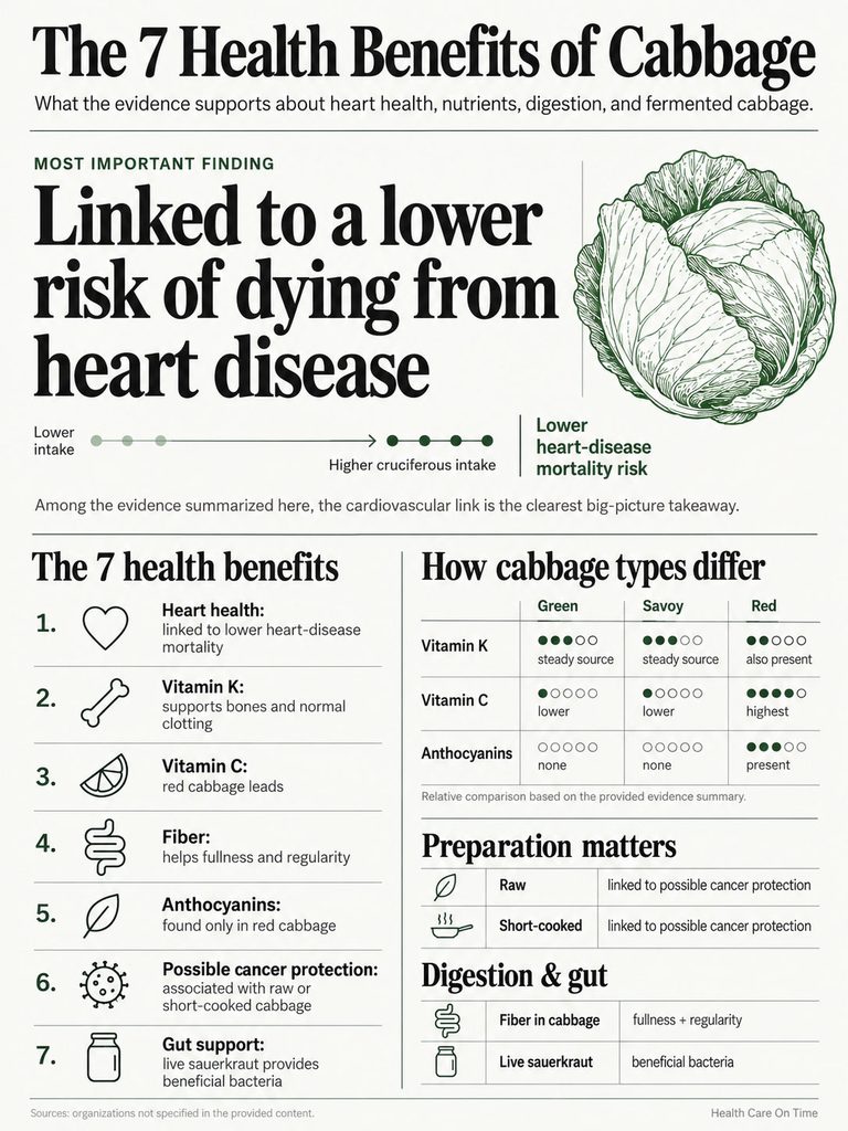 Infographic showing 7 health benefits of cabbage, including heart health and vitamins, with charts and icons.
