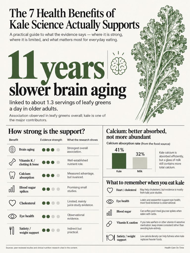 Infographic detailing health benefits of kale, including brain aging, vitamin K, and calcium absorption statistics.