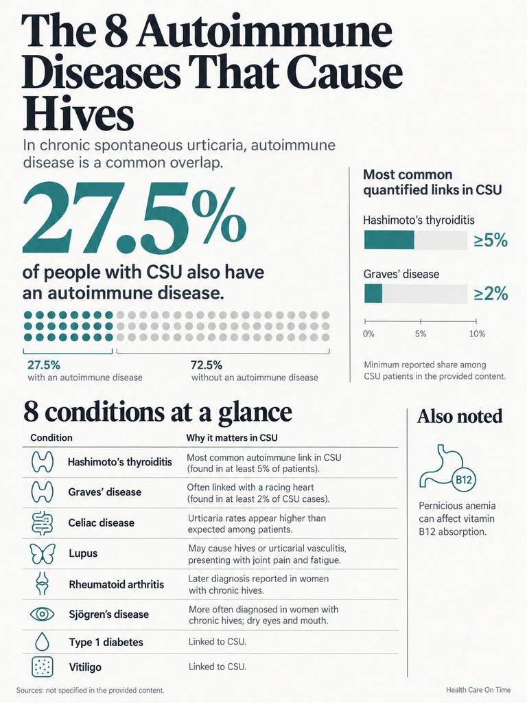 Infographic showing autoimmune diseases causing hives, with statistics and conditions listed, including Hashimoto's thyroiditis and Graves' disease.