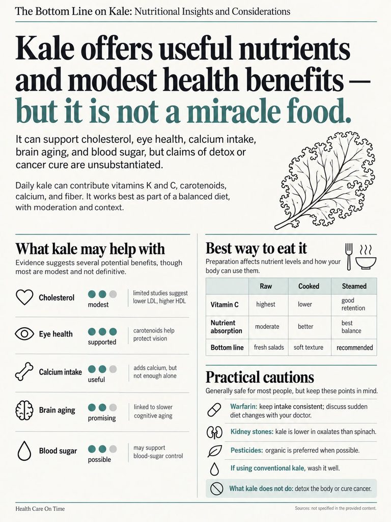 Infographic on kale's nutrients, health benefits, and preparation methods with icons and data points.