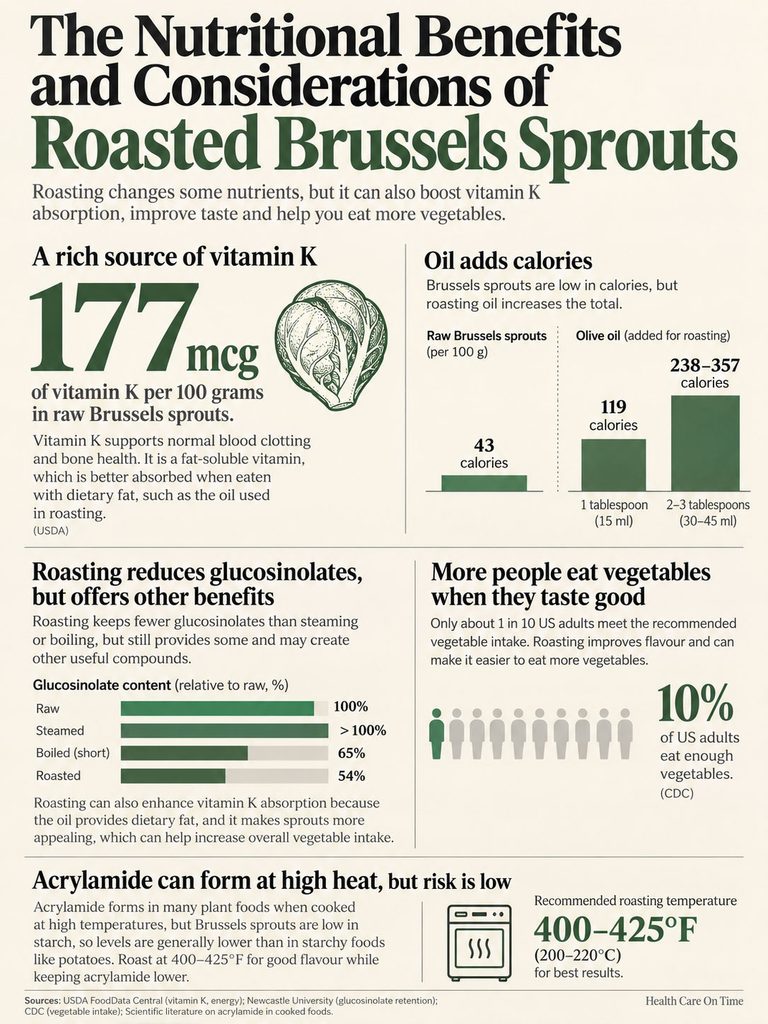 Infographic detailing nutritional benefits of roasted Brussels sprouts, including vitamin K content and roasting effects.