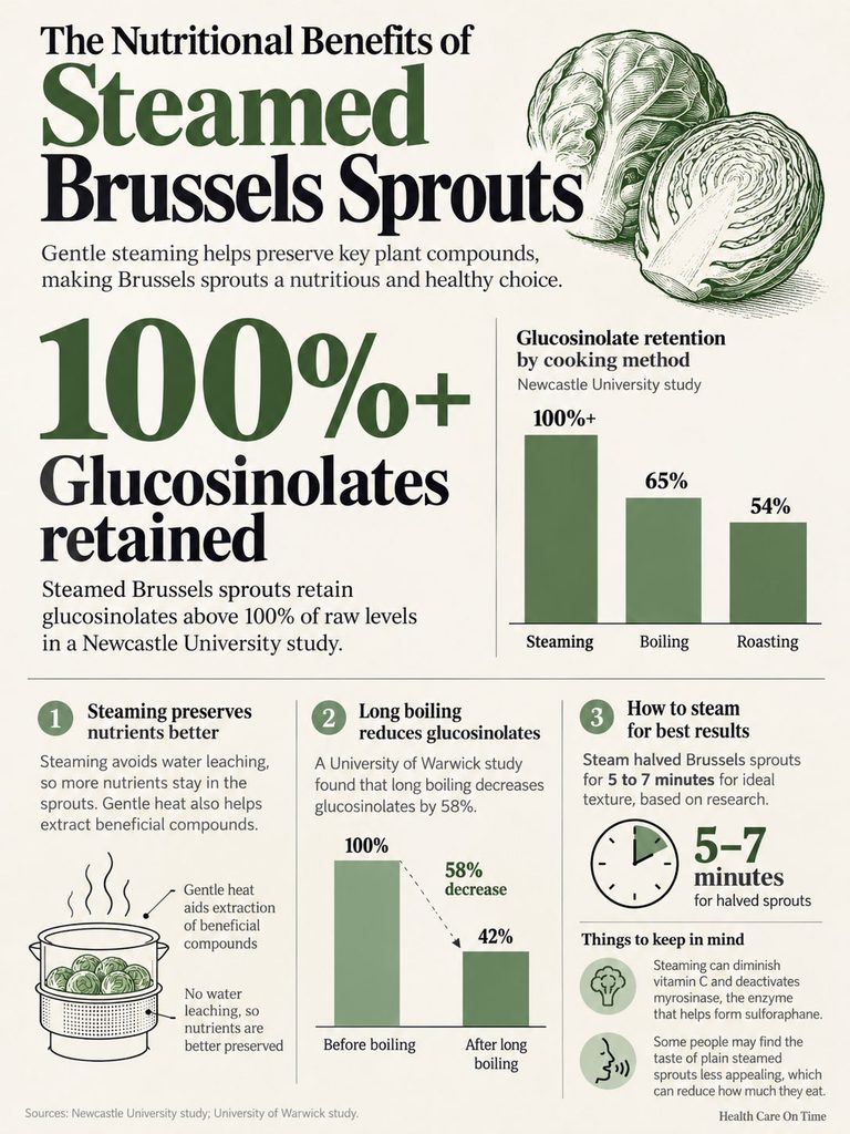 Infographic on the nutritional benefits of steamed Brussels sprouts, showing glucosinolate retention by cooking method and tips for steaming.