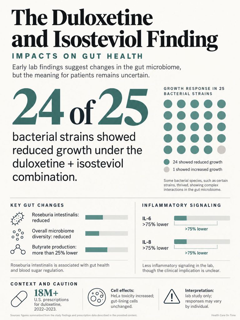 Infographic showing the impact of duloxetine and isosteviol on gut health, with statistics on bacterial growth and key gut changes.