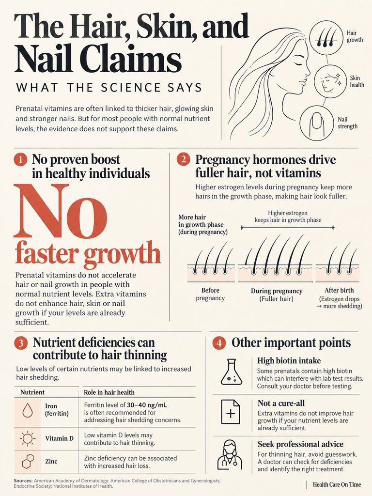 Infographic discussing hair, skin, and nail claims, highlighting vitamin effects and hormone influences on growth.