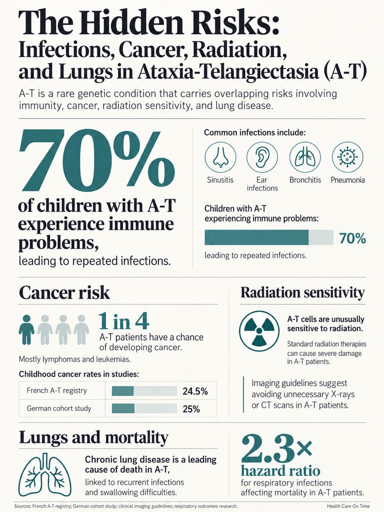 Infographic showing risks of infections, cancer, radiation sensitivity, and lung issues in Ataxia-Telangiectasia (A-T).