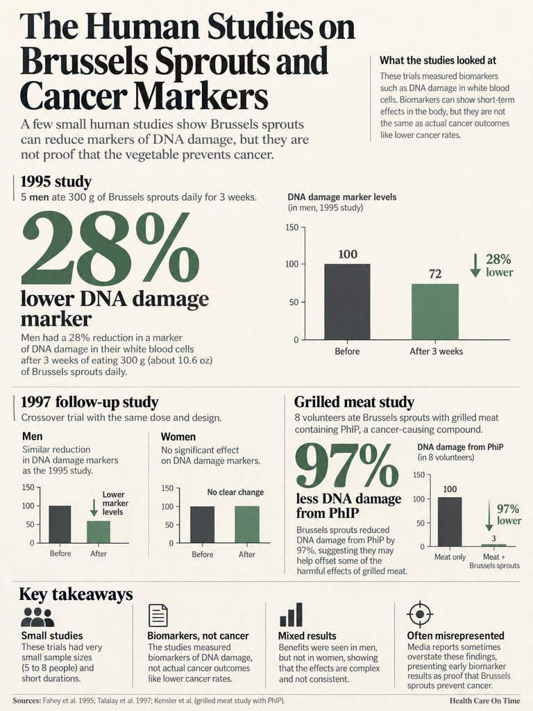 Infographic showing studies on Brussels sprouts reducing DNA damage markers in men and women, with charts and statistics.