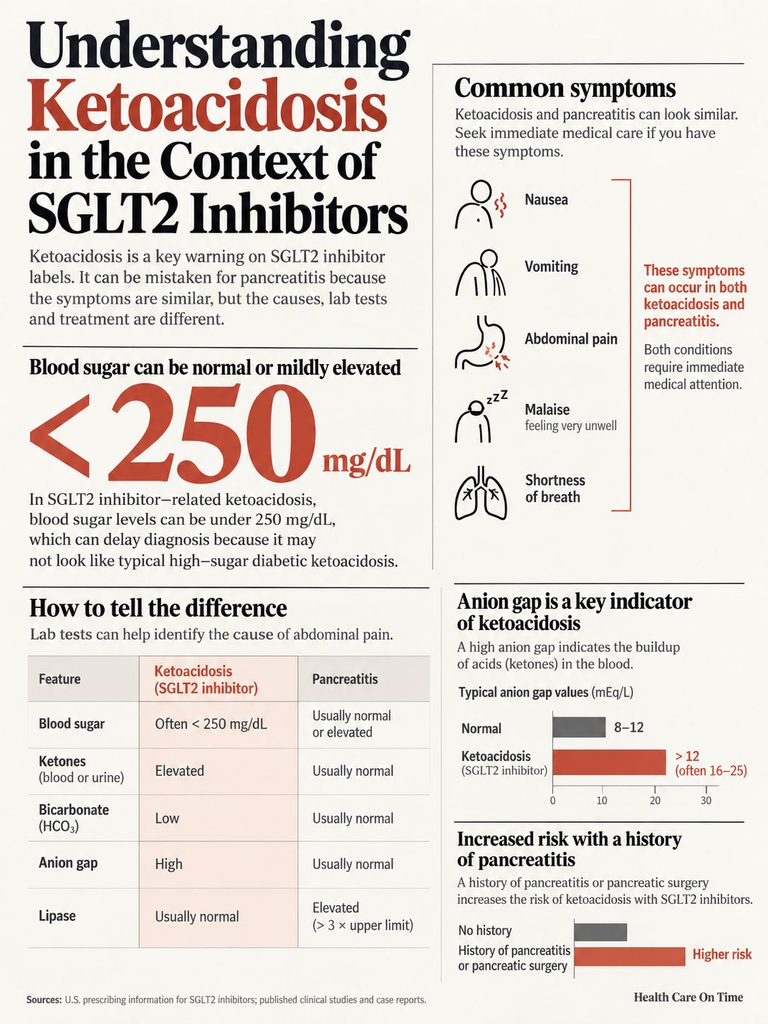 Infographic explaining ketoacidosis related to SGLT2 inhibitors, including symptoms, blood sugar levels, and lab tests.