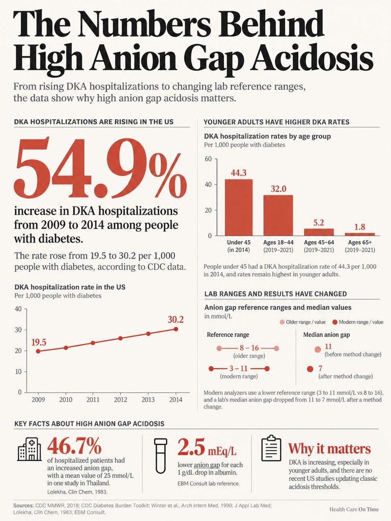 Infographic showing DKA hospitalization trends, age group statistics, and anion gap reference ranges related to diabetes.