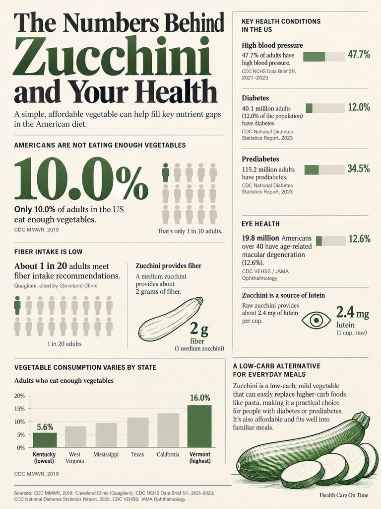 Infographic showing zucchini's health benefits, vegetable consumption stats, and fiber intake recommendations.