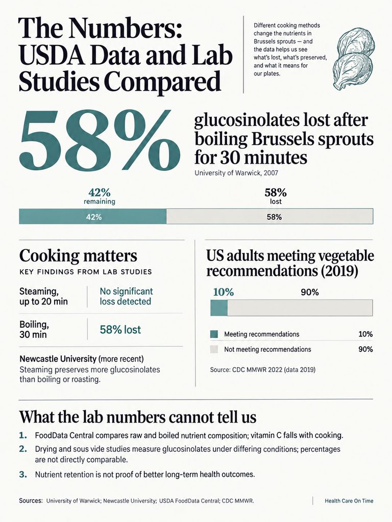 Infographic comparing USDA data and lab studies on glucosinolates lost in Brussels sprouts cooking methods.