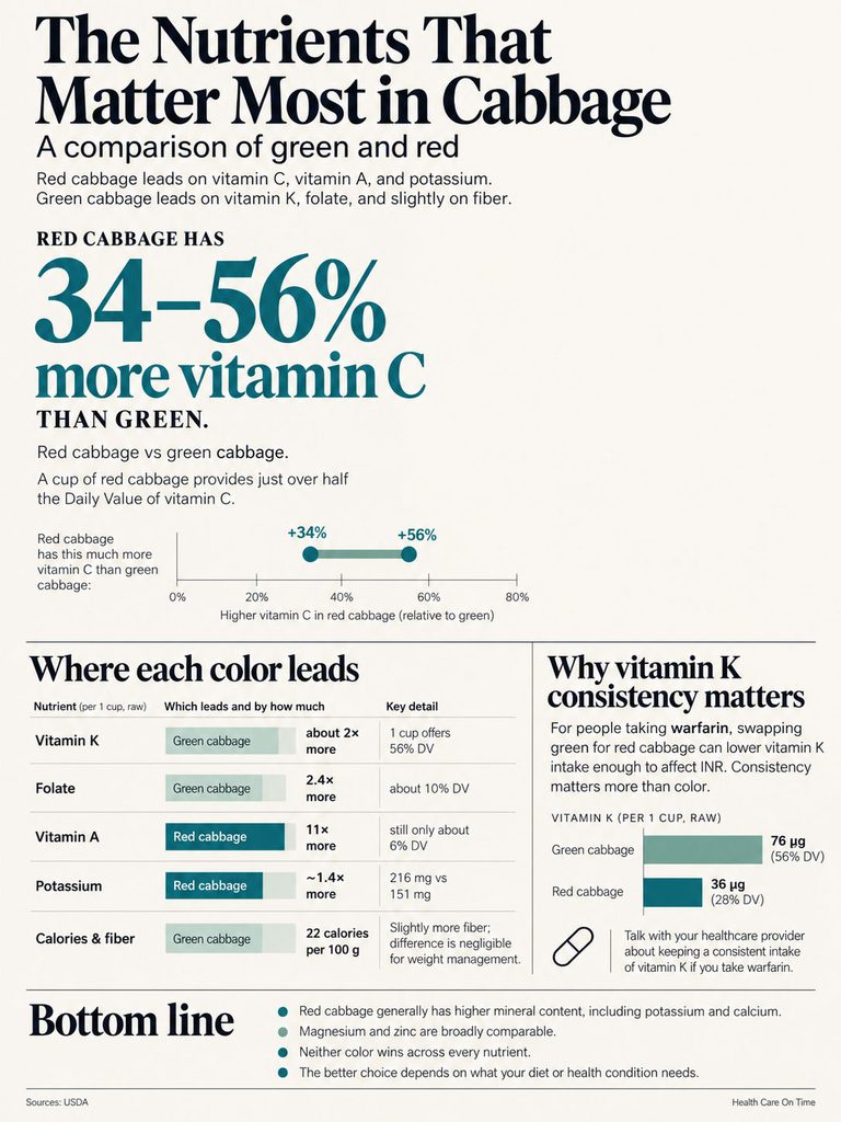 Infographic comparing nutrient content in red and green cabbage, highlighting vitamin C differences and key nutrients.