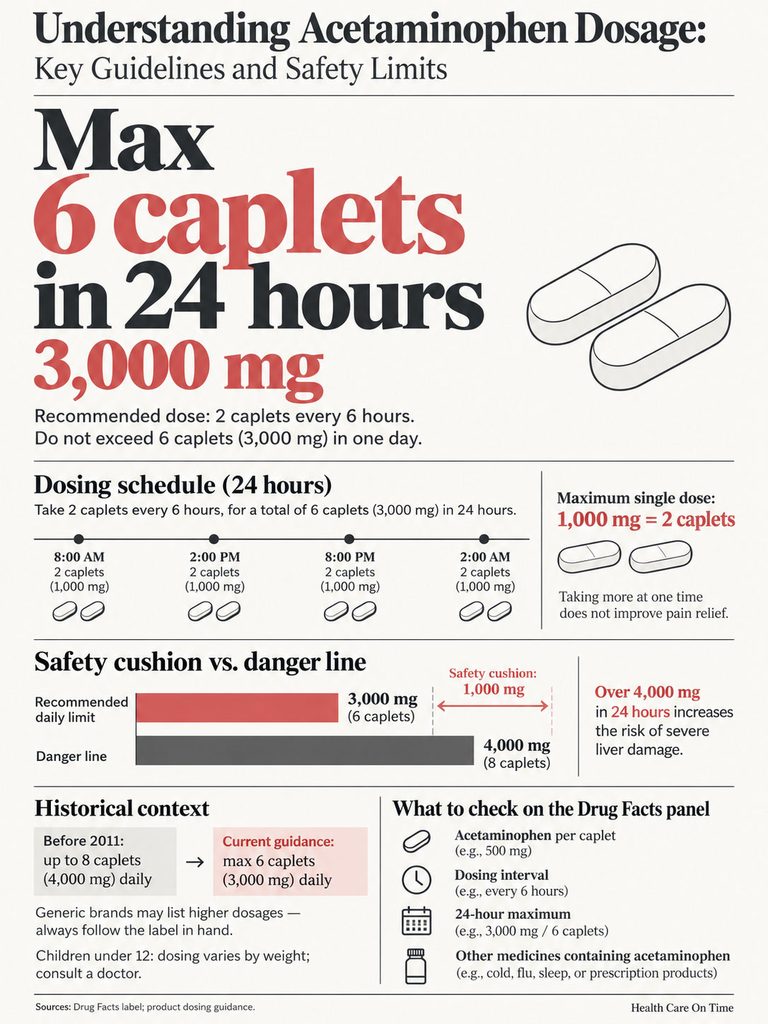 Infographic detailing acetaminophen dosage guidelines, including max dosage, dosing schedule, and safety limits.