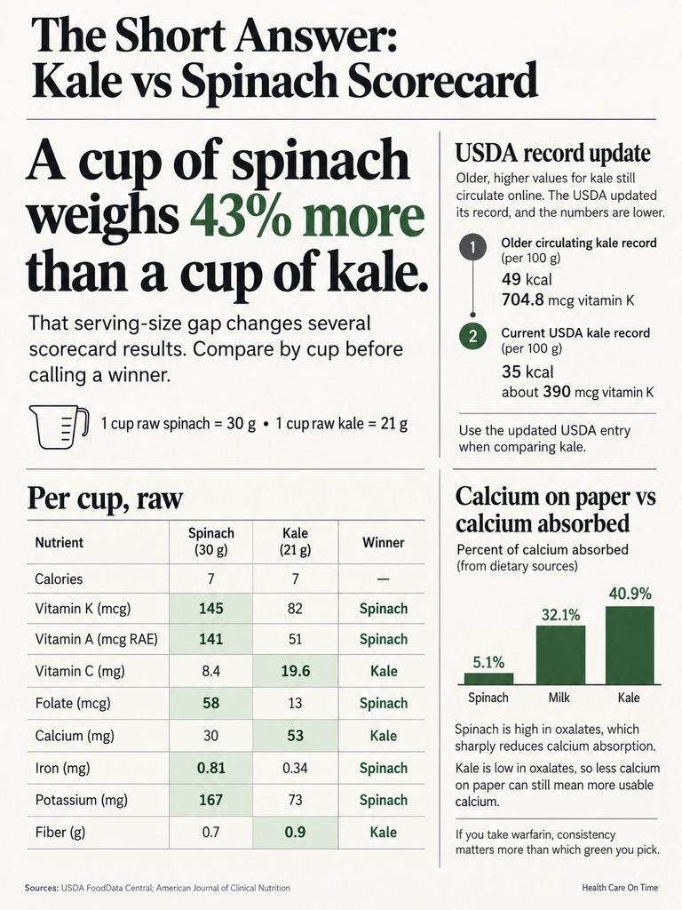 Infographic comparing nutritional values of spinach and kale, highlighting calories, vitamins, and calcium absorption.