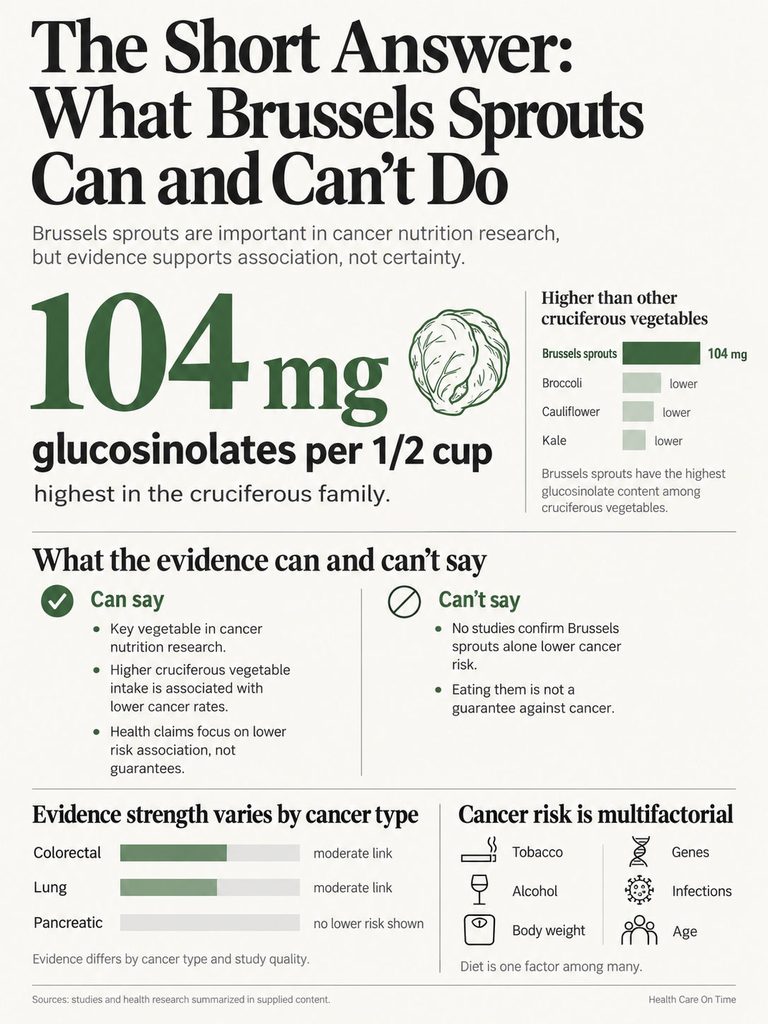 Infographic detailing Brussels sprouts' glucosinolate content and their role in cancer nutrition research.