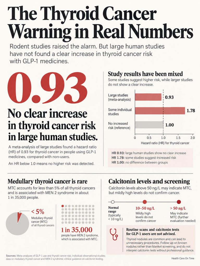 Infographic showing thyroid cancer risk statistics related to GLP-1 medicines with charts and data points.