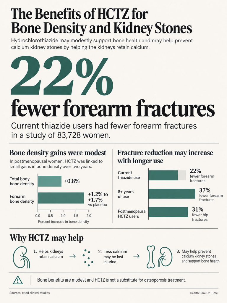 Infographic showing benefits of HCTZ for bone density and kidney stones with statistics and graphs on fractures and bone density gains.