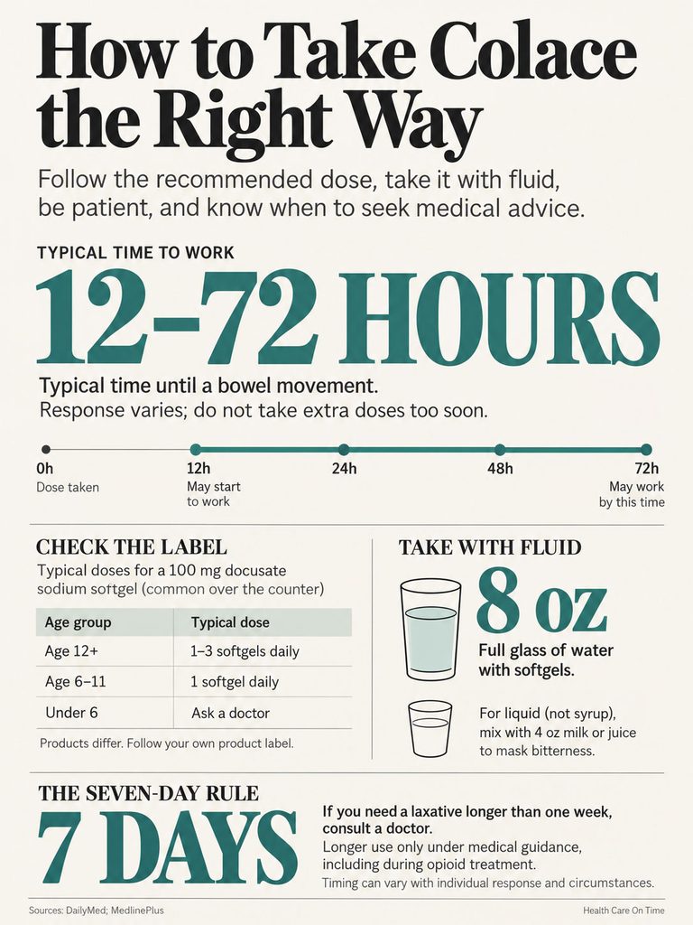 Infographic detailing how to take Colace, including dosage, timing, and fluid recommendations.