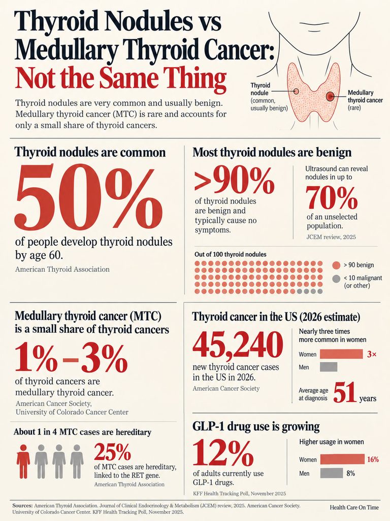 Infographic comparing thyroid nodules and medullary thyroid cancer, showing statistics and illustrations of each condition.