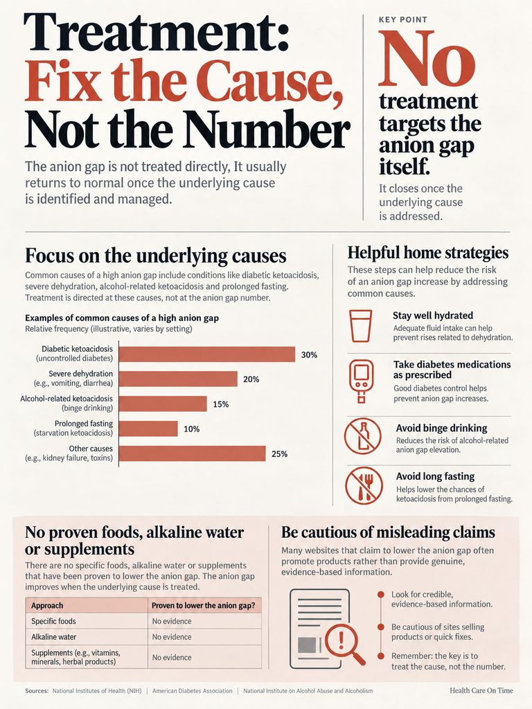 Infographic explaining treatment for high anion gap, causes, and home strategies for management.