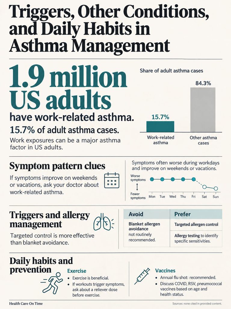 Infographic showing asthma management statistics, triggers, and daily habits, including charts and text details.