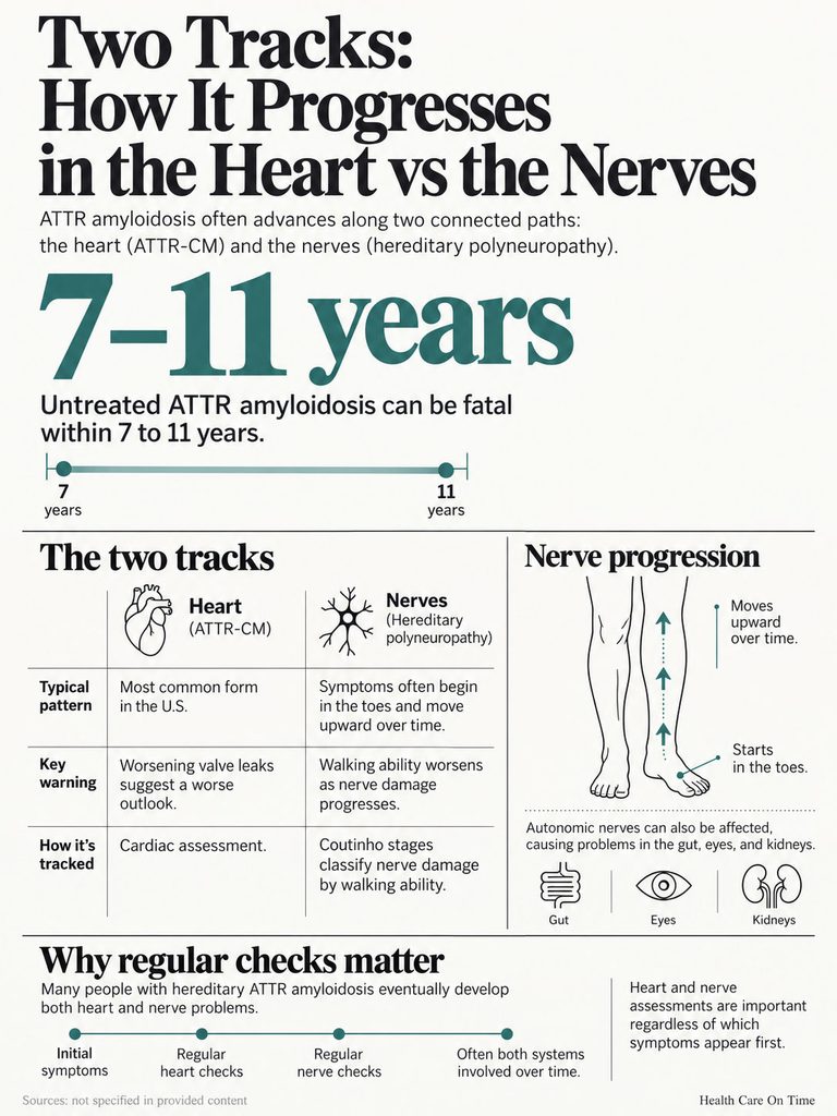 Infographic showing ATTR amyloidosis progression in heart and nerves, with key data points and illustrations of symptoms.